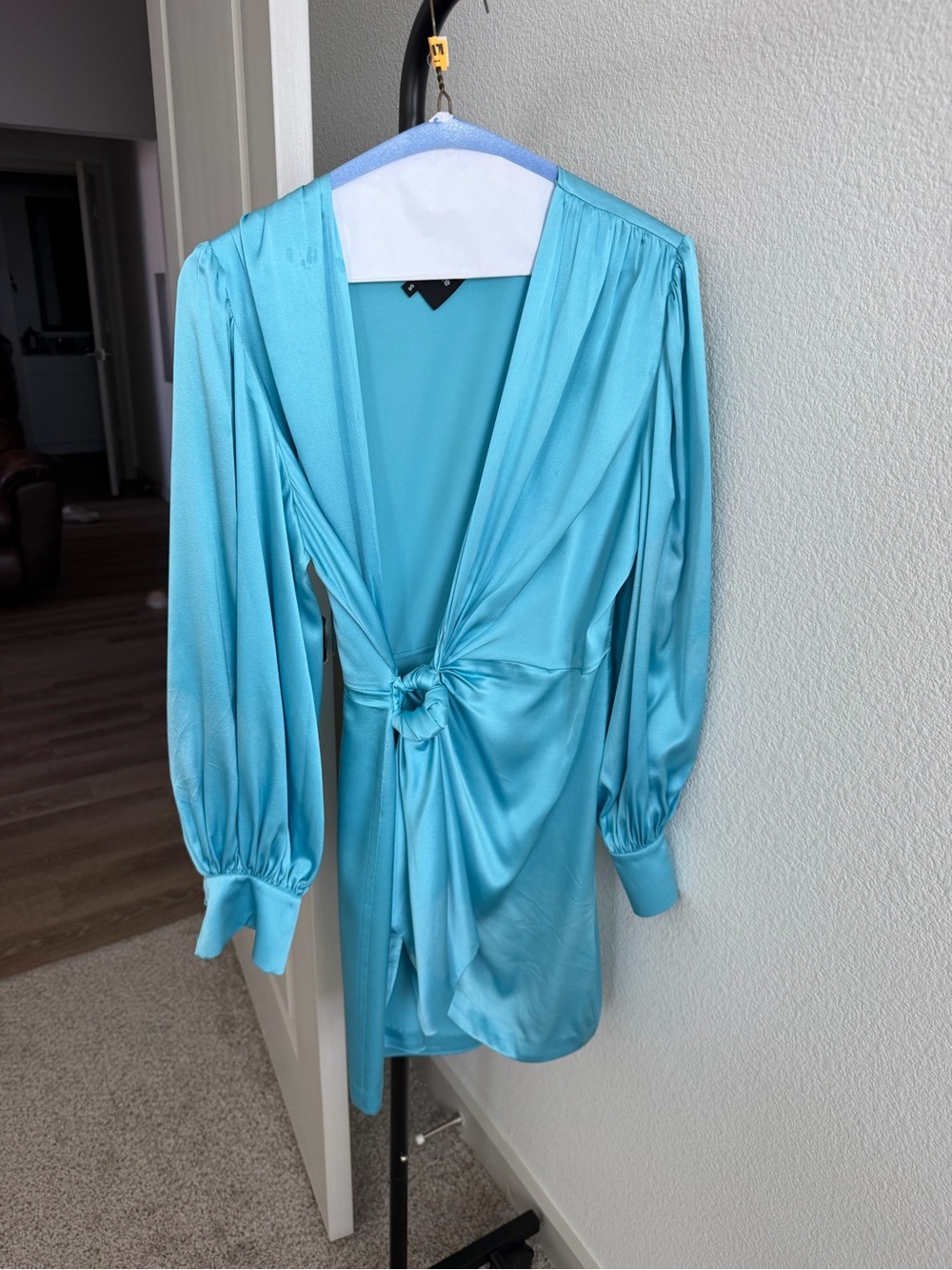 Retrofête Turquoise Silk Tie-Front Mini Dress – Size S